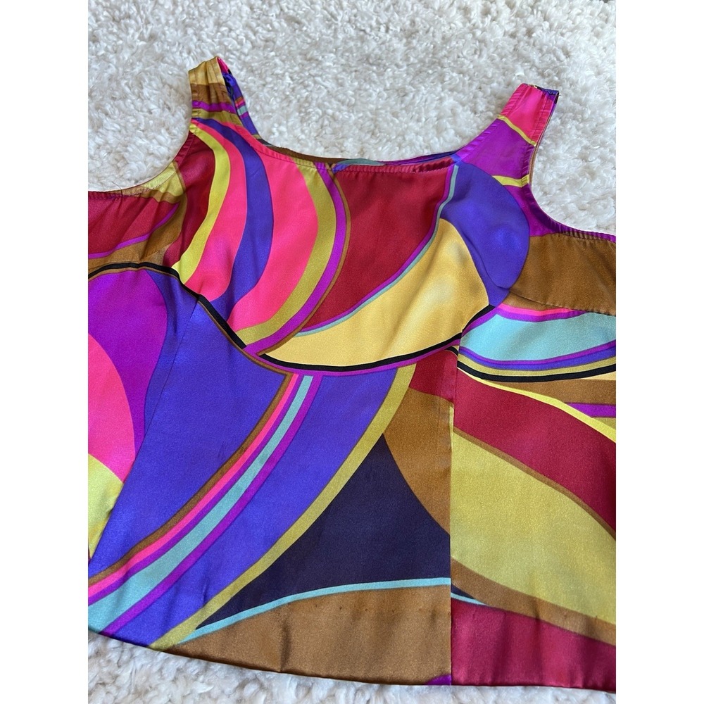 Vtg Womens Satin Psychedelic Colorful Bold Swirl Cropped Tank 12 Retro Geometric - Picture 2 of 7